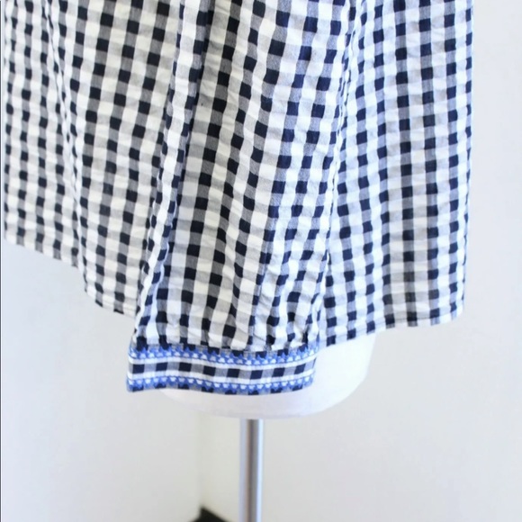 J Crew Navy White Gingham Plaid Blue Floral Embroidered Peasant Top Size Small - Picture 5 of 6
